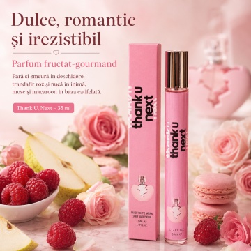 Parfum Thank U Next 35 ml, Apă de Parfum Damă, Aromă Fructat Gourmandă, Format Compact, Note de Pară, Zmeură, Nucă, Trandafir Roz, Mosc și Macaroon, Inspirat din Ariana Grande Thank U, Next - Img 7