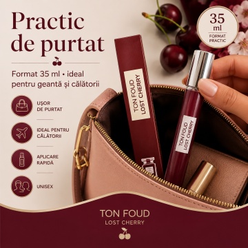 Parfum Ton Foud Lost Cherry 35 ml, Apă de Parfum Unisex, Aromă Dulce Fructată, Cireșe, Migdale și Vanilie, Format Compact, Note de Cireșe Negre, Vișine, Lichior de Cireșe, Prune, Trandafir Turcesc, Iasomie Sambac, Tonka și Lemn de Santal - Img 3