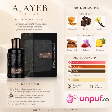 Parfum Unisex Lattafa Ajayeb Dubai, Eau de Parfum 100 ml, Aromă Dulce Condimentată cu Vanilie, Cafea, Caramel, Șofran și Ananas - Img 9