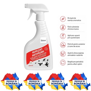 Repelent natural anti păsări, soluție profesională non-toxică, barieră olfactivă pentru balcoane, terase, acoperișuri, grădini, ferme și spații comerciale, 500 ml, 4x Stickere