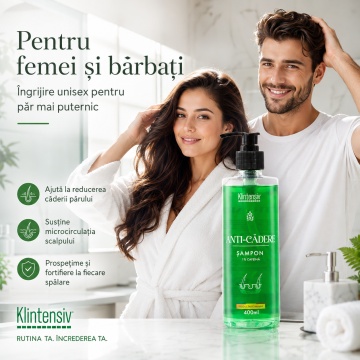 Șampon anti-cădere Klintensiv, cu Caffeine, Niacinamide, Zinc PCA și D-Panthenol, fortificare păr și îngrijire scalp, peste 94% ingrediente biodegradabile, produs românesc, 400 ml, 4x Stickere - Img 3