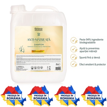Șampon anti-mătreață Klintensiv, cu Piroctone Olamine, formulă profesională pentru hoteluri, saloane, firme, pensiuni și reumplere, produs românesc, bidon 5 L, 4x Stickere