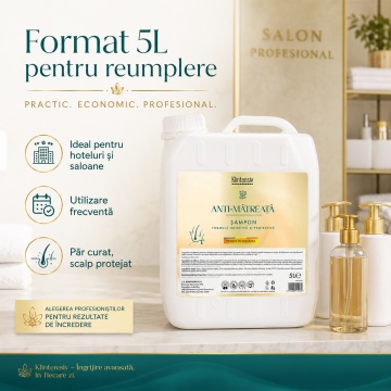 Șampon anti-mătreață Klintensiv, cu Piroctone Olamine, formulă profesională pentru hoteluri, saloane, firme, pensiuni și reumplere, produs românesc, bidon 5 L, 4x Stickere - Img 3