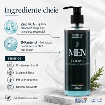 Șampon pentru bărbați Klintensiv, cu Zinc PCA și D-Pantenol, fortificare păr, scalp echilibrat, prospețime instantanee, fără parabeni, siliconi și alcool, pentru toate tipurile de păr, 400 ml, 4x Stickere - Img 3