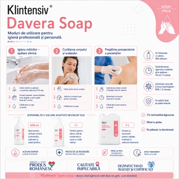 Săpun dezinfectant profesional Klintensiv Davera Soap, cu clorhexidină digluconat 2%, pentru spitale, industrie alimentară, farmaceutică, cosmetică și HoReCa, canistră 5 L, 4x Stickere - Img 3