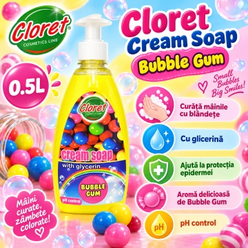Săpun Lichid Cremos Cloret Bubble Gum cu Pompiță, pentru Mâini, cu Glicerină, pH Control, Curățare Delicată și Parfum Dulce, 500 ml - Img 3