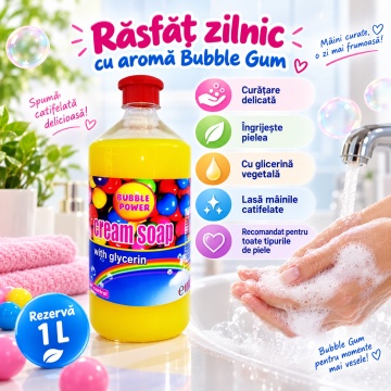 Săpun Lichid Cremos Cloret Bubble Gum, Rezervă pentru Mâini, cu Glicerină, pH Control, Curățare Delicată și Parfum Dulce, pentru Reumplere Recipiente, 1 L - Img 3