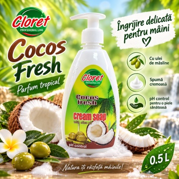 Săpun Lichid Cremos Cloret Cocos Fresh cu Pompiță, pentru Mâini, cu Ulei de Măsline, Curățare Delicată și Parfum de Cocos, 500 ml
