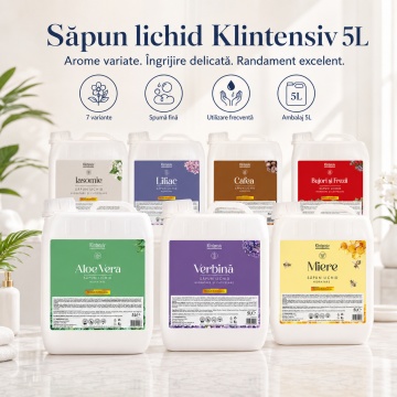 Săpun lichid Klintensiv, parfum Cafea, formulă profesională pentru mâini și tegumente, peste 94% ingrediente biodegradabile, ideal pentru hoteluri, firme, birouri și spații publice, 5 L, 4x Stickere - Img 5