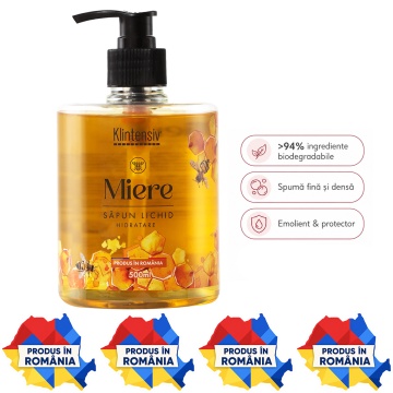 Săpun lichid Klintensiv, parfum Miere, spumă fină, efect emolient și protectiv, peste 94% ingrediente biodegradabile, pentru mâini și tegumente, 500 ml, 4x Stickere