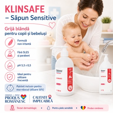 Săpun lichid profesional Klintensiv KlinSafe, formulă blândă pentru piele sensibilă, testat dermatologic, fără SLES și parabeni, pentru spitale, clinici, grădinițe și uz frecvent, 1 L, 4x Stickere - Img 3
