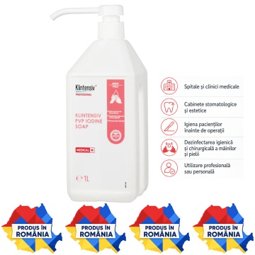 Săpun profesional chirurgical cu iod povidonă Klintensiv PVP Iodine Soap 7,5%, pentru mâini, corp, decolonizare tegumente și pregătire preoperatorie, aviz biocid, 1 L, 4x Stickere