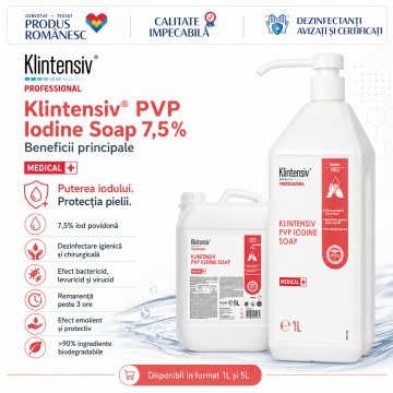 Săpun profesional chirurgical cu iod povidonă Klintensiv PVP Iodine Soap 7,5%, pentru mâini, corp, decolonizare tegumente și pregătire preoperatorie, aviz biocid, 1 L, 4x Stickere - Img 3