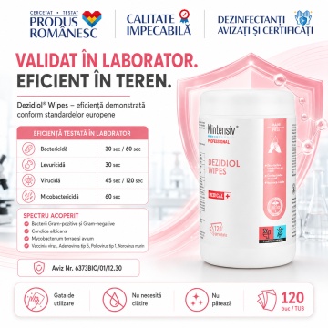 Servețele dezinfectante mâini Dezidiol Wipes Klintensiv Professional, cu 36% etanol, 24% izopropanol și 0,5% clorhexidină, bactericide, levuricide, virucide și micobactericide, fără clătire, tub 120 buc, 4x Stickere - Img 5