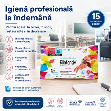 Șervețele dezinfectante mâini Klintensiv, pachet 15 buc, gata de utilizare, bactericide și levuricide, fără clătire, cu agent emolient, aviz biocid, 4x Stickere - Img 5