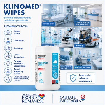 Servețele impregnate pentru dezinfectare profesională Klinomed Wipes, 85% etanol, pentru suprafețe, instrumentar și echipamente medicale, bactericide, levuricide, fungicide, virucide, micobactericide și tuberculocide, aviz biocid, 120 servetele, 4x Sticke - Img 5