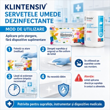 Șervețele umede dezinfectante suprafețe Klintensiv professional, pre-impregnate, pentru suprafețe, instrumentar și dispozitive medicale, bactericide, fungicide, virucide, fără clătire, aviz biocid, 80 servetele, 4x Stickere - Img 5