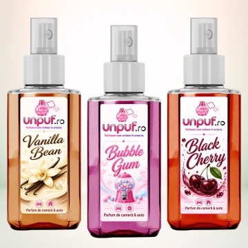 Set 3 Odorizante auto si casa Unpuf, Arome Black Cherry Bubble Gum Vanilla Bean, cu pulverizator, improspatare aer si parfum de durata, 3x75 ml