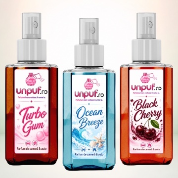 Set 3 Odorizante auto si casa Unpuf, Arome Black Cherry Ocean Breeze Turbo Gum, cu pulverizator, improspatare aer si parfum de durata, 3x75 ml