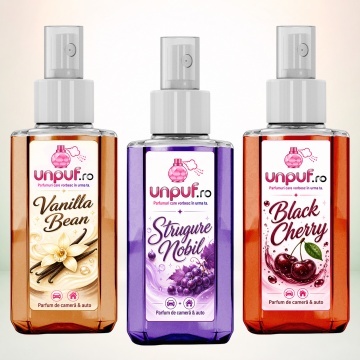 Set 3 Odorizante auto si casa Unpuf, Arome Black Cherry Strugure Nobil Vanilla Bean, cu pulverizator, improspatare aer si parfum de durata, 3x75 ml