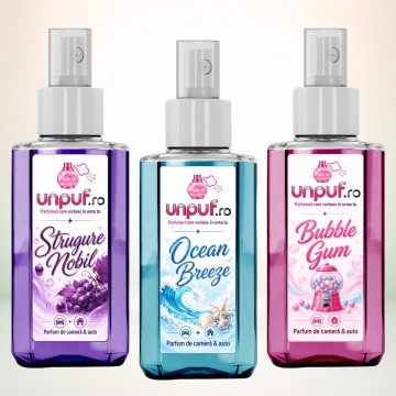 Set 3 Odorizante auto si casa Unpuf, Arome Bubble Gum Ocean Breeze Strugure Nobil, cu pulverizator, improspatare aer si parfum de durata, 3x75 ml