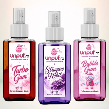Set 3 Odorizante auto si casa Unpuf, Arome Bubble Gum Strugure Nobil Turbo Gum, cu pulverizator, improspatare aer si parfum de durata, 3x75 ml