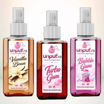 Set 3 Odorizante auto si casa Unpuf, Arome Bubble Gum Turbo Gum Vanilla Bean, cu pulverizator, improspatare aer si parfum de durata, 3x75 ml