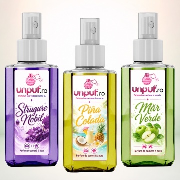 Set 3 Odorizante auto si casa Unpuf, Arome Mar Verde Pina Colada Strugure Nobil, cu pulverizator, improspatare aer si parfum de durata, 3x75 ml