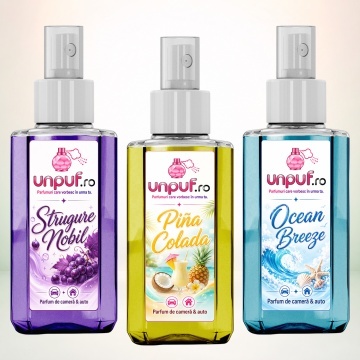 Set 3 Odorizante auto si casa Unpuf, Arome Ocean Breeze Pina Colada Strugure Nobil, cu pulverizator, improspatare aer si parfum de durata, 3x75 ml