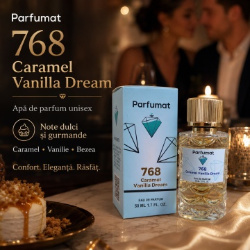 Set Apa de parfum Parfumat 768 Caramel Vanilla Dream, Unisex, 50 ml si Gentuta cosmetice - Img 5