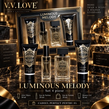 Set Cadou Bărbați V.V. Love Luminous Melody 4 Piese, 2 x Eau de Parfum 20 ml + 30 ml, After Shave 50 ml și Shower Gel 50 ml, 150 ml