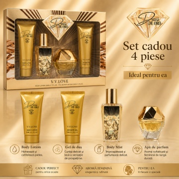 Set Cadou Damă V.V. Love Dama de Oro 4 Piese, Body Lotion, Body Mist, Eau de Parfum și Shower Gel 4x50 ml, Inspirat din Lady Million Rabanne