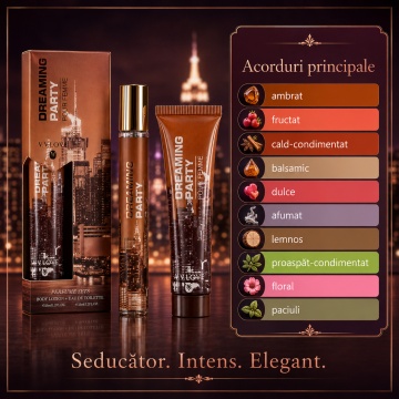 Set Dreaming Party Pour Femme 2x35 ml, Apă de Toaletă Damă 35 ml + Body Lotion 35 ml, Aromă Ambrată Fructată, Dulce, Balsamică și Cald Condimentată, Note de Mure, Ghimbir, Pomelo, Frezie, Orhidee, Iasomie, Iris, Tămâie, Paciuli, Smirnă, Ambră și Vetiver - Img 7