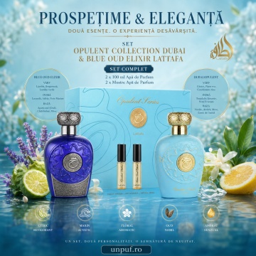 Set Parfum Lattafa Opulent Collection Dubai & Blue Oud Elixir, 2 x 100 ml Eau de Parfum Unisex, 2 mostre fiolă , cutie cadou premium, arome orientale - Img 7
