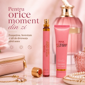 Set Pink Sexy Scandal Sexy Sexy 2x35 ml, Apă de Toaletă Damă 35 ml + Cremă de Mâini 35 ml, Aromă Dulce Florală, Gurmandă și Citrică, Note de Portocală Sângerie, Mandarină, Miere, Gardenie, Floare de Portocal, Iasomie, Piersică, Ceară de Albine, Caramel, P - Img 7