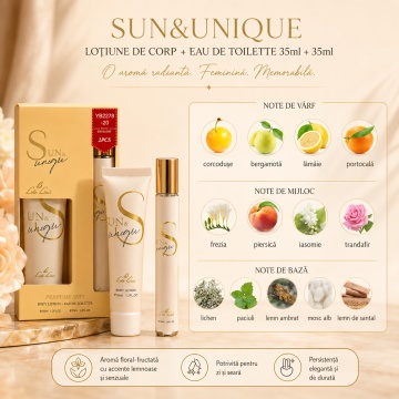 Set Sun & Unique 2x35 ml, Apă de Toaletă Damă 35 ml + Body Lotion 35 ml, Aromă Floral Fructată, Citrică, Lemnoasă și Pudrată, Note de Corcodușe, Bergamotă, Lămâie, Portocală, Frezie, Piersică, Iasomie, Trandafir, Lichen, Paciuli, Lemn Ambrat, Mosc Alb și - Img 4