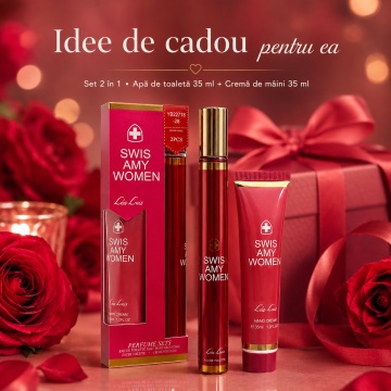Set Swis Amy Women 2x35 ml, Apă de Parfum Damă 35 ml + Cremă de Mâini 35 ml, Aromă Proaspătă Florală, Verde și Moscată, Note de Ghimbir, Mușcată, Lăcrămioare, Măceșe, Mosc și Lemn Prețios - Img 7