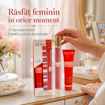 Set Tarnny Red Line 2x35 ml, Apă de Toaletă Damă 35 ml + Body Lotion 35 ml, Aromă Floral Citrică, Fructată, Fresh și Lemnoasă, Note de Floare de Măr, Mandarină, Camelie, Coacăze Negre, Lămâie, Caprifoi, Grapefruit, Trandafir, Crin, Mentă, Violetă, Magnoli - Img 4