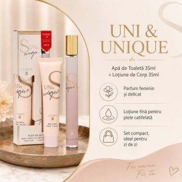 Set Uni & Unique 2x35 ml, Apă de Toaletă Damă 35 ml + Body Lotion 35 ml, Aromă Floral Fructată, Dulce, Vanilată și Moscată, Note de Citrice, Piersică, Fructul Pasiunii, Gardenie, Iasomie, Lemn de Santal, Vanilie, Ambră și Mosc - Img 6