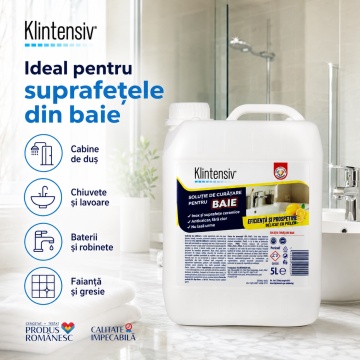 Soluție curățare baie Klintensiv, anticalcar, îndepărtează urme de apă și murdărie, protecție împotriva redepunerilor, pentru gresie, faianță, ceramică, cabine duș, baterii sanitare, 5 L, 4x Stickere - Img 4