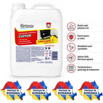 Soluție curățare cuptor Klintensiv, degresant profesional pentru grăsime arsă și depuneri carbonizate, pentru cuptoare, plite, tăvi, grătare și inox, 5 L, 4x Stickere