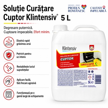 Soluție curățare cuptor Klintensiv, degresant profesional pentru grăsime arsă și depuneri carbonizate, pentru cuptoare, plite, tăvi, grătare și inox, 5 L, 4x Stickere - Img 2