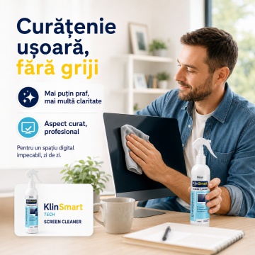 Soluție curățare ecrane Klintensiv KlinSmart Tech, efect antistatic, fără urme, protecție împotriva prafului și amprentelor, pentru monitor, laptop, tabletă, telefon, touchscreen, 250 ml, 4x Stickere - Img 5