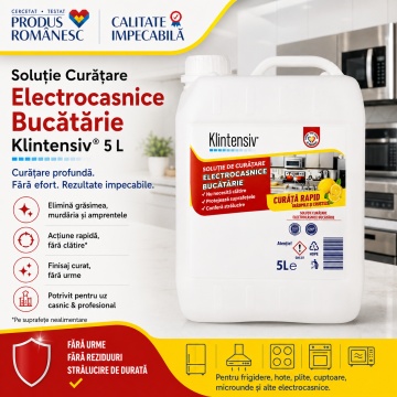 Soluție curățare electrocasnice Klintensiv, spray profesional pentru grăsime, pete și amprente, fără urme, pentru frigider, hotă, plită, cuptor, inox, crom, sticlă și plastic, 5 L, 4x Stickere - Img 2