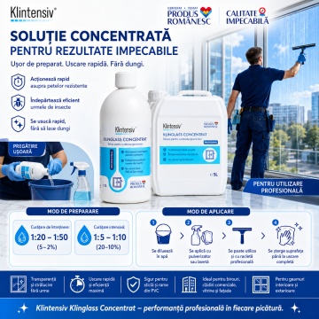 Soluție curățare geamuri Klintensiv Klinglass Concentrat, detergent profesional concentrat pentru sticlă, vitrine, ferestre, oglinzi și suprafețe lucioase, uscare rapidă, fără urme, 1 L, 4x Stickere - Img 5