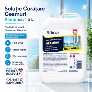 Soluție curățare geamuri Klintensiv, spray profesional pentru sticlă, oglinzi, vitrine și suprafețe lucioase, uscare rapidă, efect antistatic, fără urme, 5 L, 4x Stickere - Img 2