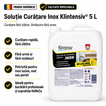 Soluție curățare inox Klintensiv, fără clătire, pentru inox lucios, mat și periat, îndepărtează grăsimea, murdăria și amprentele, finisaj fără urme, 5 L, 4x Stickere - Img 2