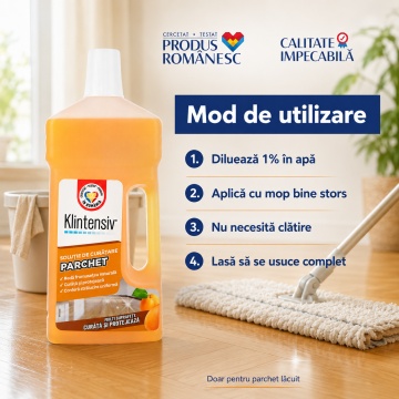 Soluție curățare parchet Klintensiv, detergent profesional pentru parchet lăcuit, protejează și redă strălucirea naturală, fără clătire, diluție 1%, parfum discret, 1 L, 4x Stickere - Img 5