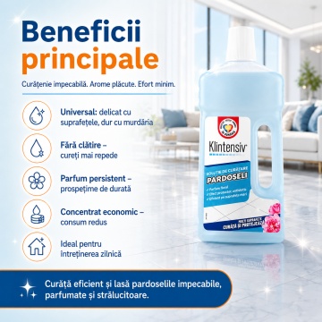Soluție curățare pardoseli Klintensiv, detergent parfumat concentrat, fără clătire, pentru ceramică, porțelan, marmură, granit, piatră naturală, mozaic, linoleum, PVC și laminate lavabile, 1 L, 4x Stickere - Img 5