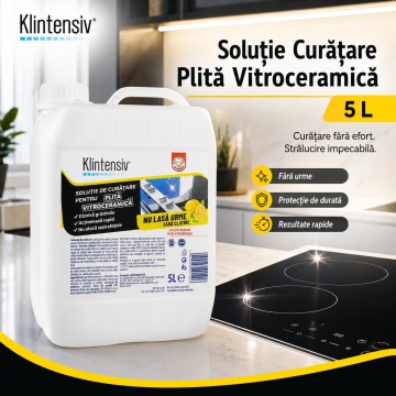 Soluție curățare plită vitroceramică Klintensiv, pentru plite cu inducție și sticlă ceramică, îndepărtează grăsimea arsă și petele persistente, finisaj fără urme, protecție împotriva depunerilor, 5 L, 4x Stickere - Img 2